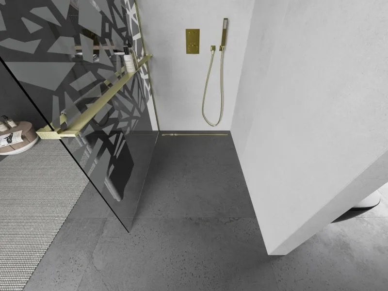 Mexen Kioto+ L, sprchová zástena Walk-In s poličkou a vešiakom 80 x 200 cm, 8mm číre sklo biely vzor, zlatý matný profil, 800-080-123-55-85