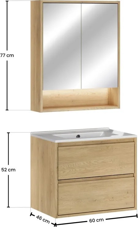 Koupelnová sestava Viola se zápustným umyvadlem a zrcadlem 60 cm dub cremona