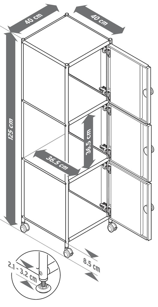Kovová skrinka na kolieskach »CN3« s 3 dvierkami, sivá