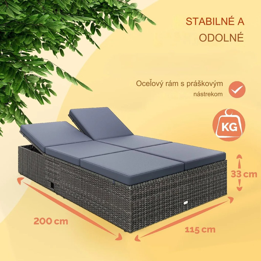InternetovaZahrada Záhradná ratanová posteľ 200x115 cm sivá - antracit podušky