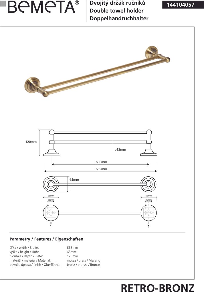 Bemeta Design RETRO bronz: Držiak uterákov, 600 mm, dvojitý - 144104057
