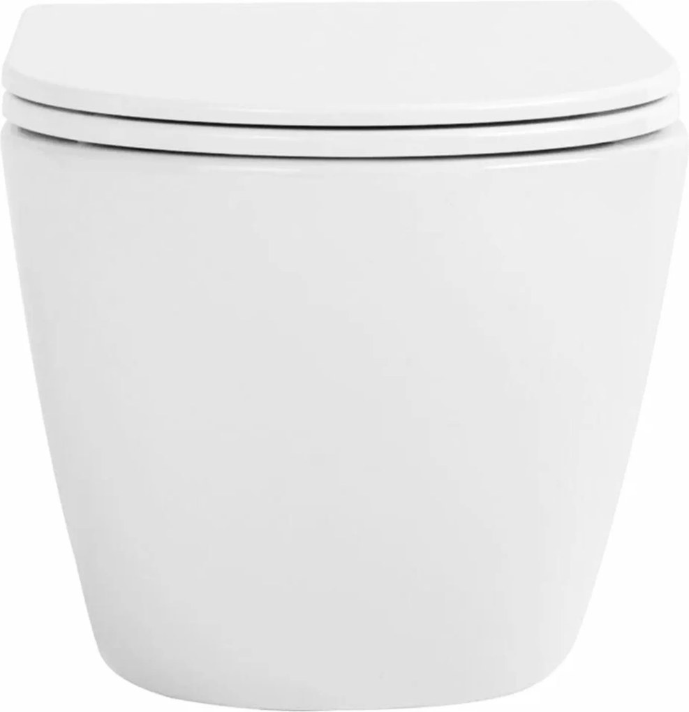 Rea Carlo Mini, závesné záchodová misa Tornado Rimless 485x365x350 mm + WC sedadlo, biela lesklá, REA-C8770