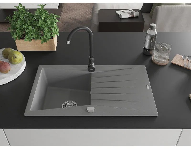 Mexen Cesar, granitový drez 775x470x190 mm, 1-komorový, šedá s chrómovým sifónom a čierna drezová batéria Telma, 6514-71-670200-70