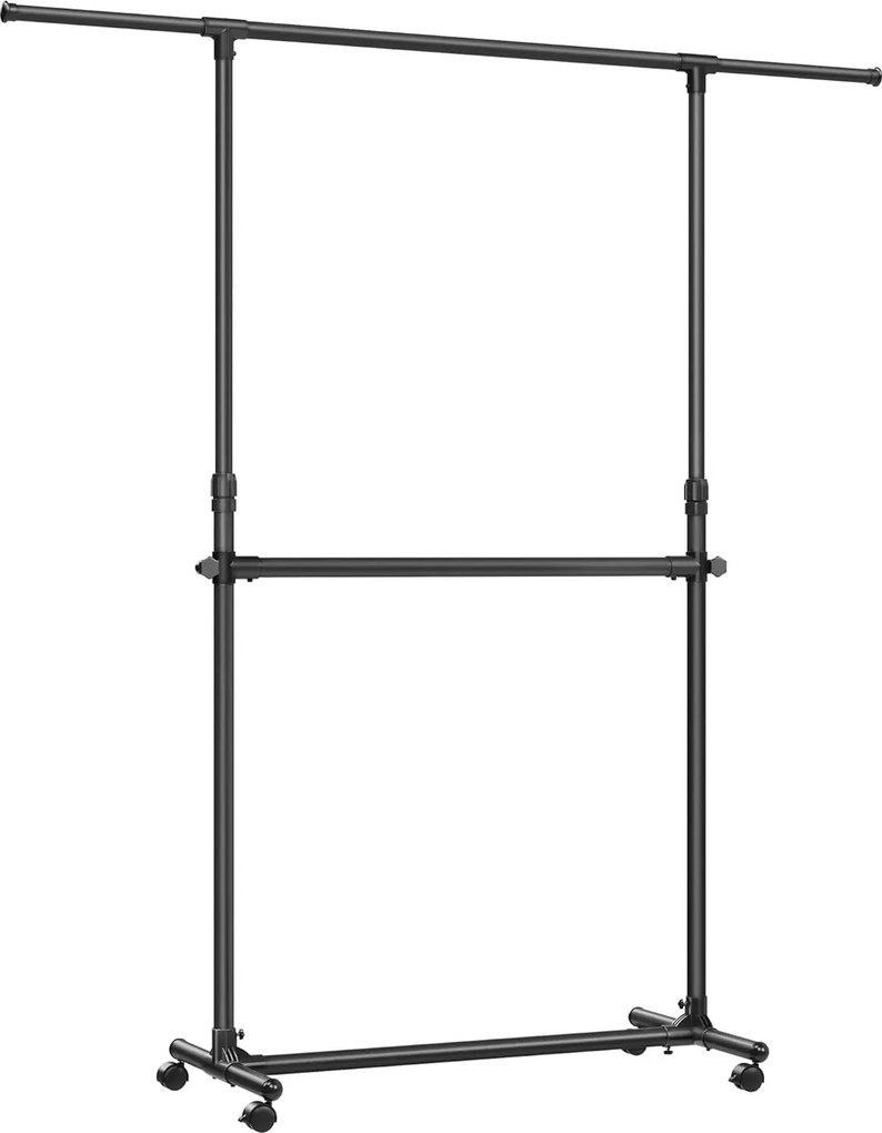 Dvojitý vešiak na oblečenie, nastaviteľná horná tyč, s kolieskami, 113-180 cm, čierny