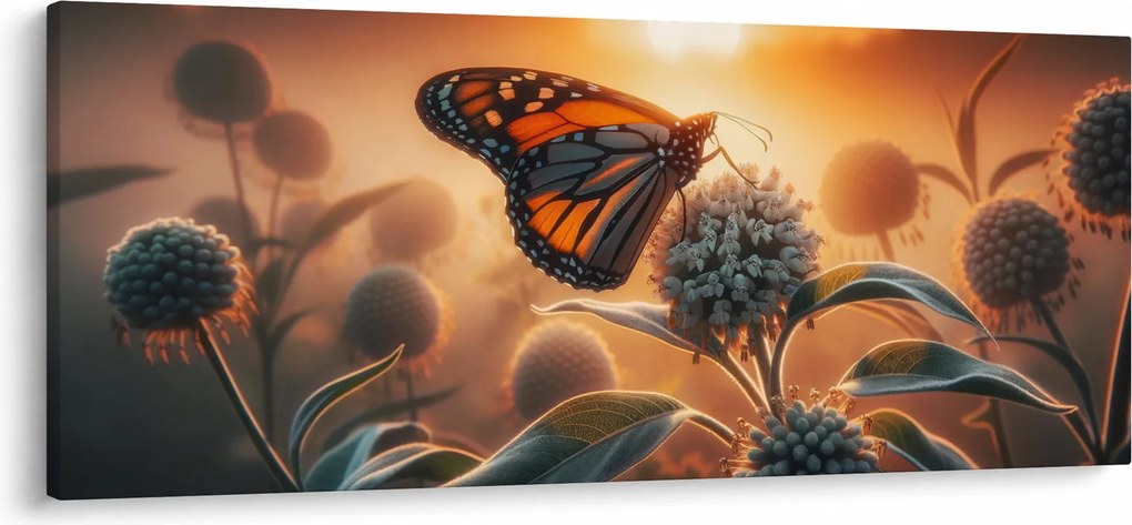 Obraz – Motýľ v zapadajúcom slnku (120x50 cm)