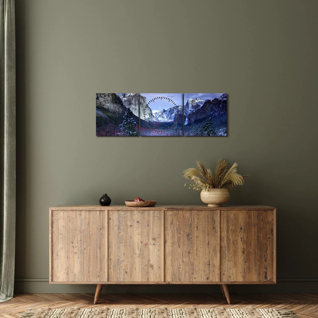 Obraz zimnej horskej krajiny (s hodinami) (90x30 cm)