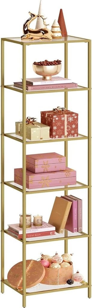 Sklenený regál, polica 6-úrovňová, oceľový rám, 30 x 40 x 177,3 cm, zlatá farba