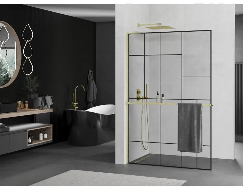 Mexen Kioto+ L, sprchová zástena Walk-In s poličkou a vešiakom 100 x 200 cm, 8mm číre sklo čierny vzor, zlatý matný profil, 800-100-123-55-78