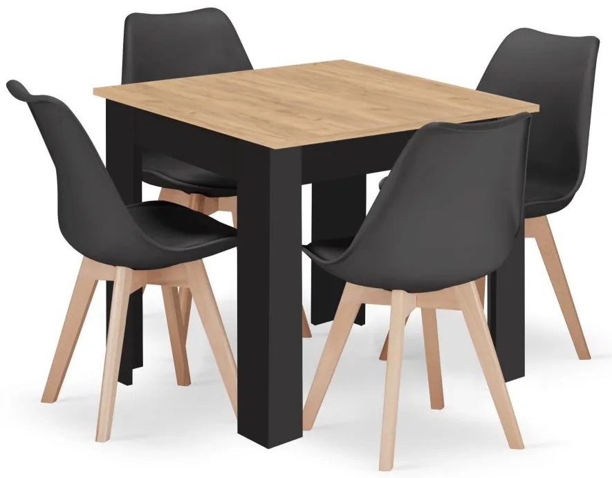 Jedálenská zostava stôl Artisan 80 X 80 čierne nohy + 4 stoličky MARK čierne/ prírodné nohy