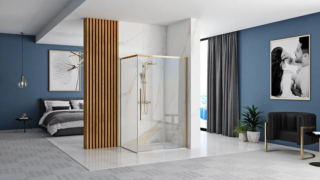 Rea Solar Gold, sprchovací kút 100x80cm, 6mm číre sklo, zlatý profil + biela sprchová vanička Savoy, KPL-K4901