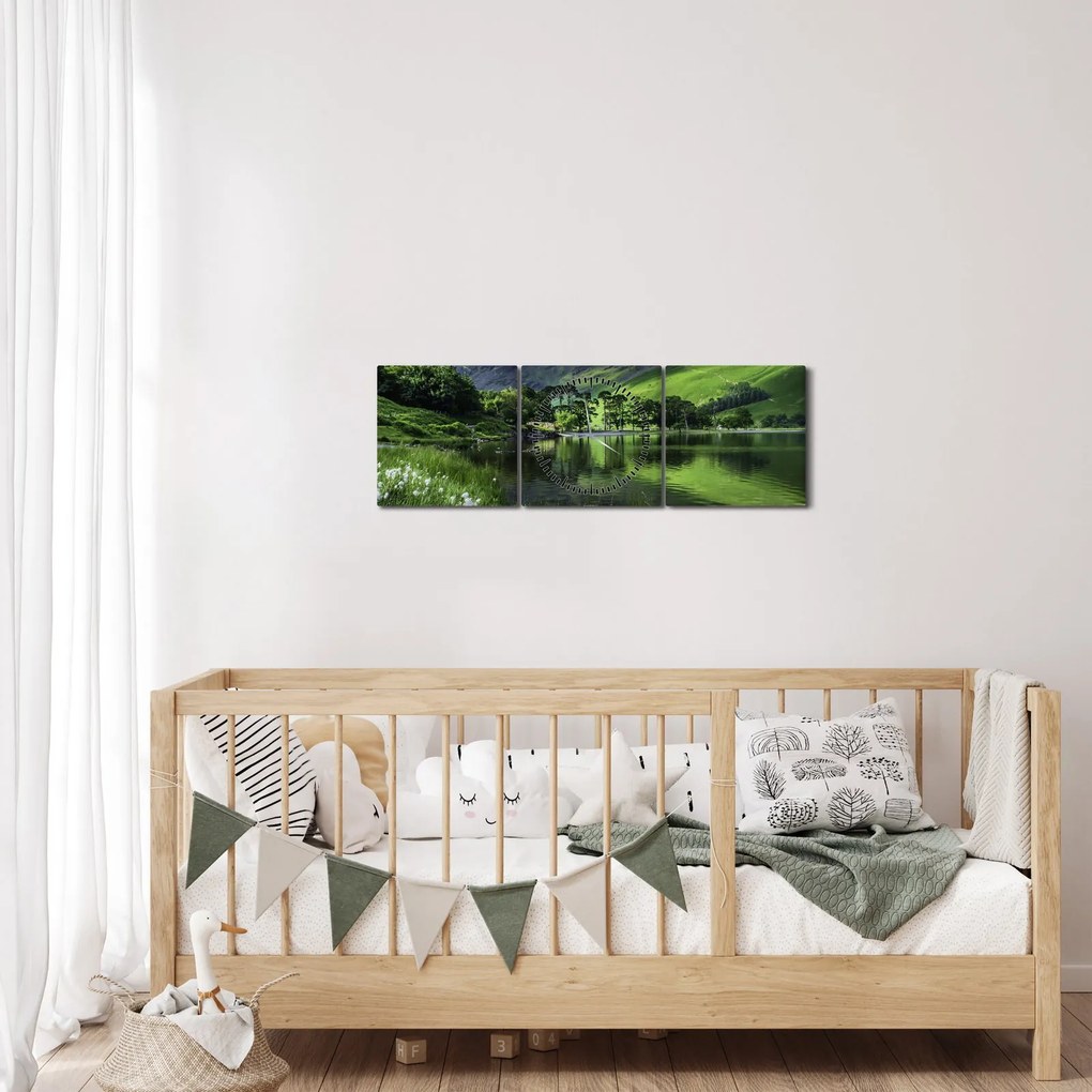 Obraz - Krajina s jazerom (s hodinami) (90x30 cm)