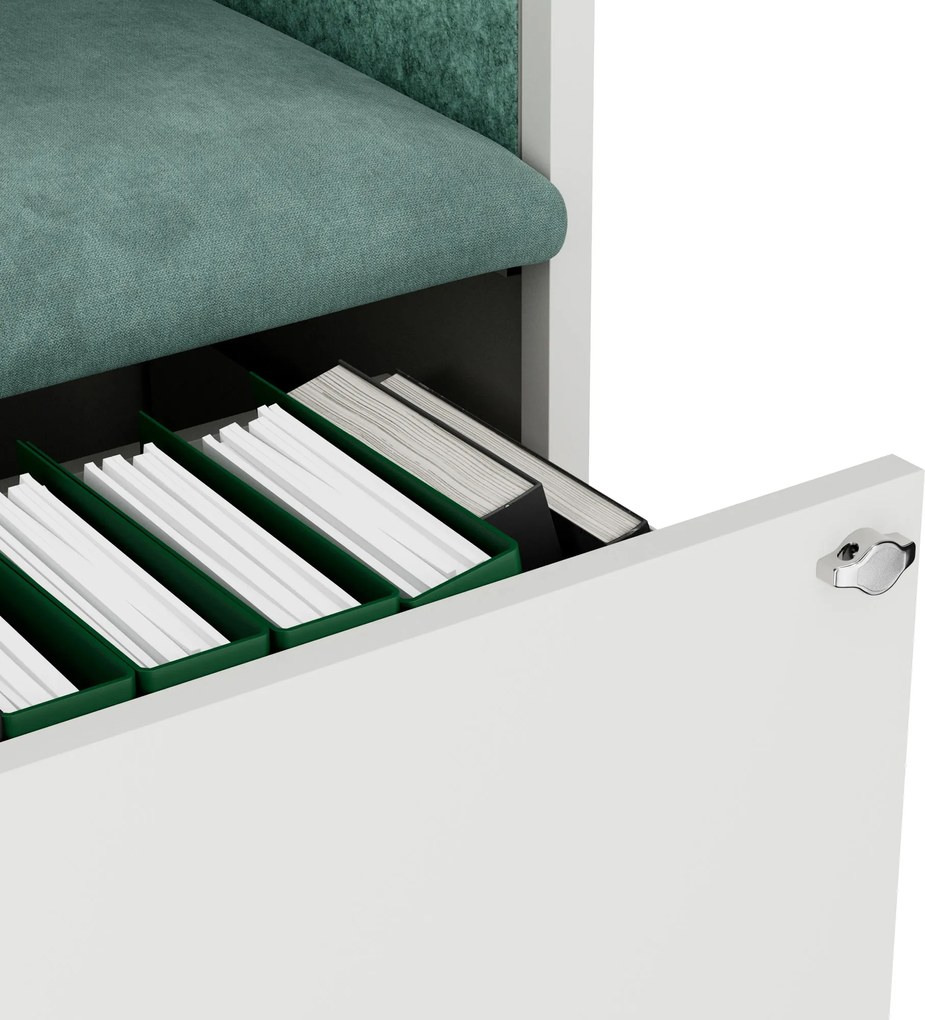 Akustická kabína SALLY MentalBox 600 mm – biely korpus, zelené sedadlo