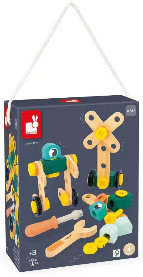 BricoKids - Drevená montážna stavebnica s predlohami a náradím - 50 ks