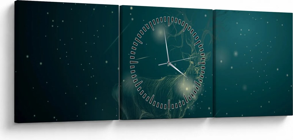 Obraz - Magický jeleň v noci (s hodinami) (90x30 cm)