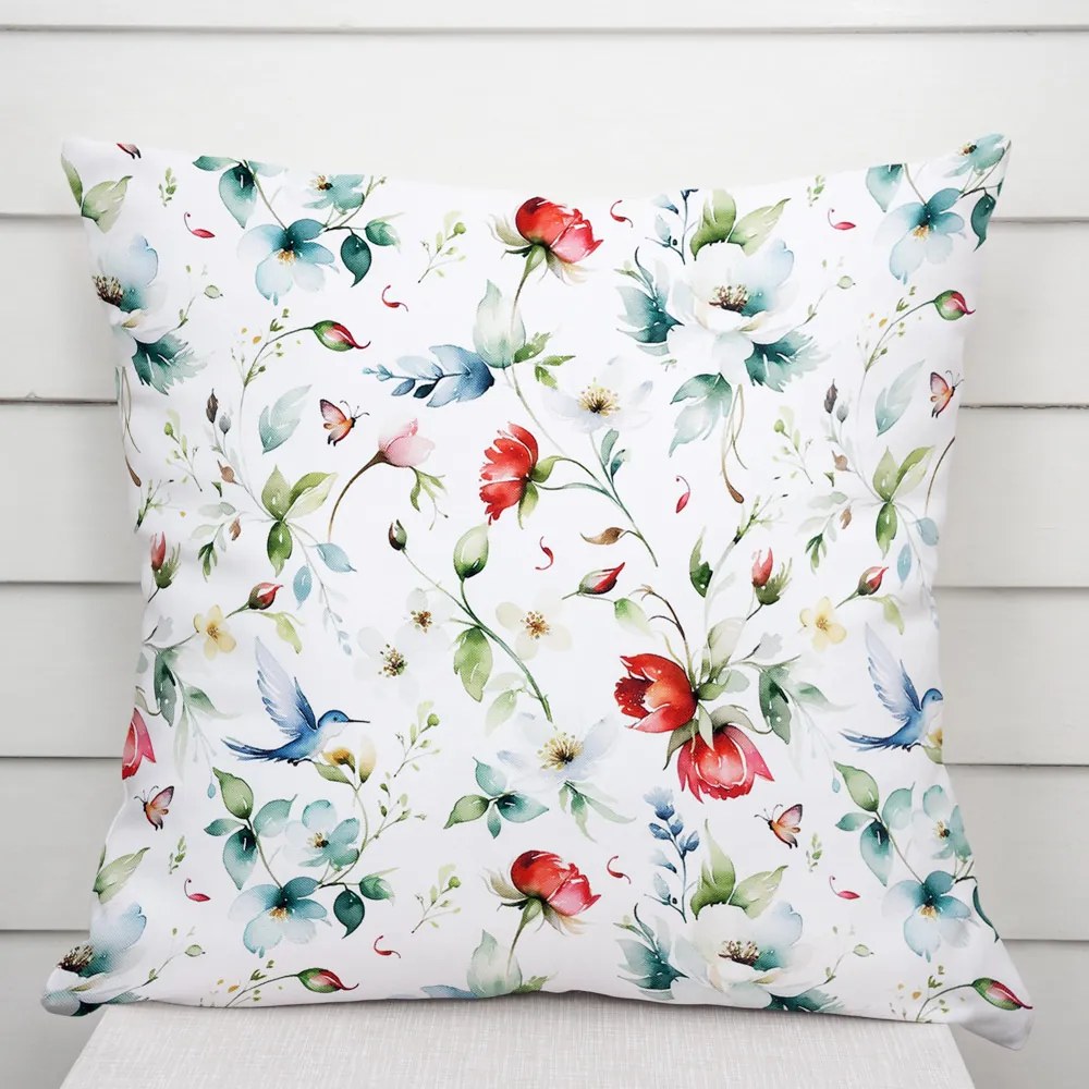 Biante Dekoračná obliečka na vankúš TF-116 Akvarelové kvety s kolibríkmi na bielom 50 x 70 cm
