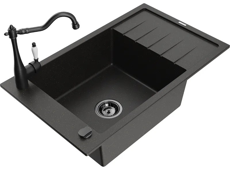 Mexen Elias, granitový drez 795x480x200 mm, 1-komorový a drezová batéria Carla, čierna-zlatá metalíza, 6511-75-670700-70-B