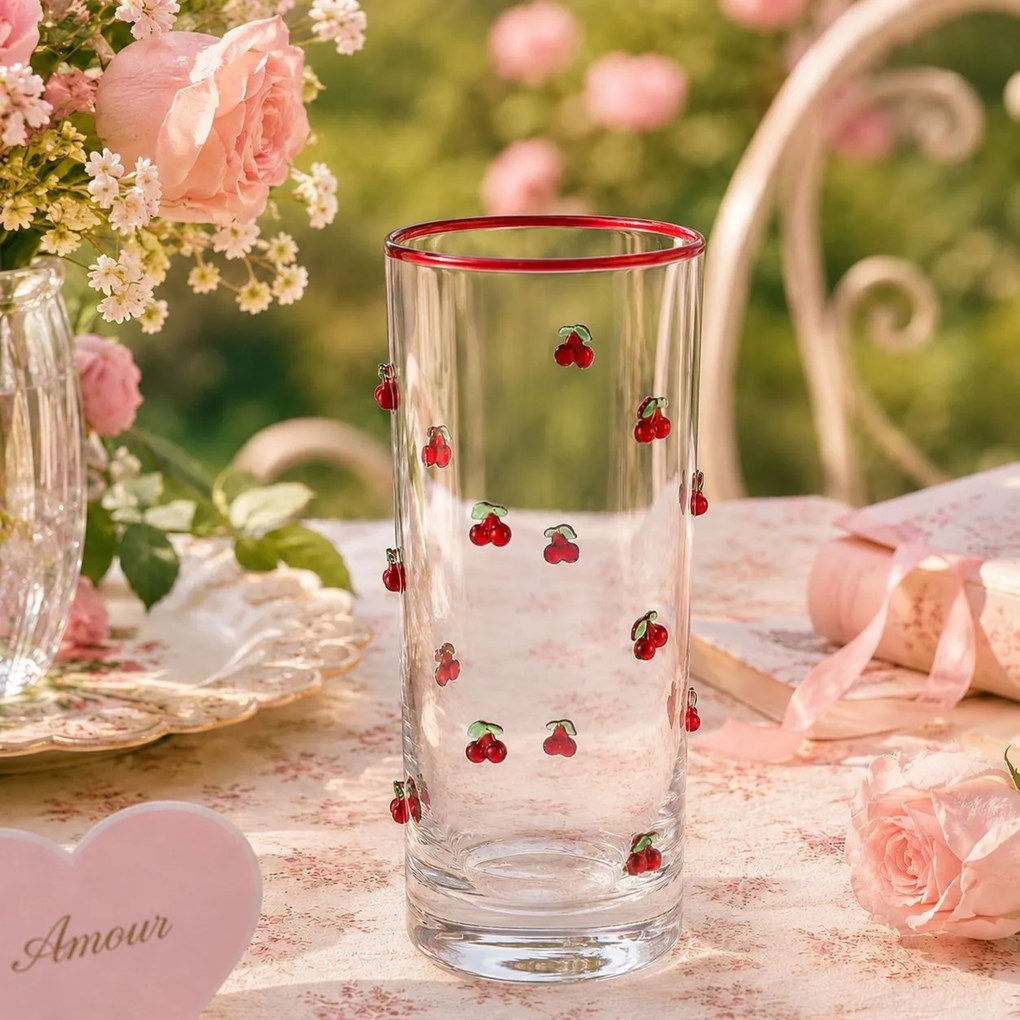 Poháre na vodu s romantickým motívom jahôdok - Ø 7x11 cm / 320 ml
