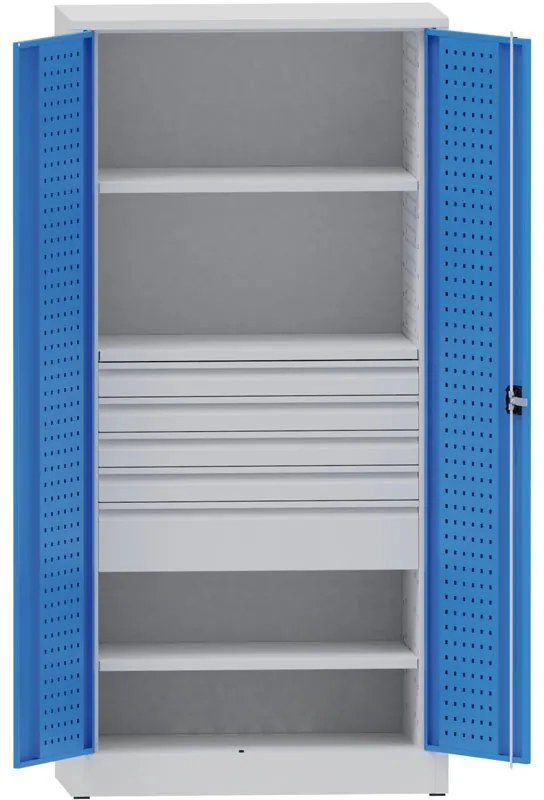 Dielenská kovová skriňa na náradie KOVONA, 2 police, 5 zásuviek, zváraná, nosnosť 50 kg, 950 x 500 x 1950 mm