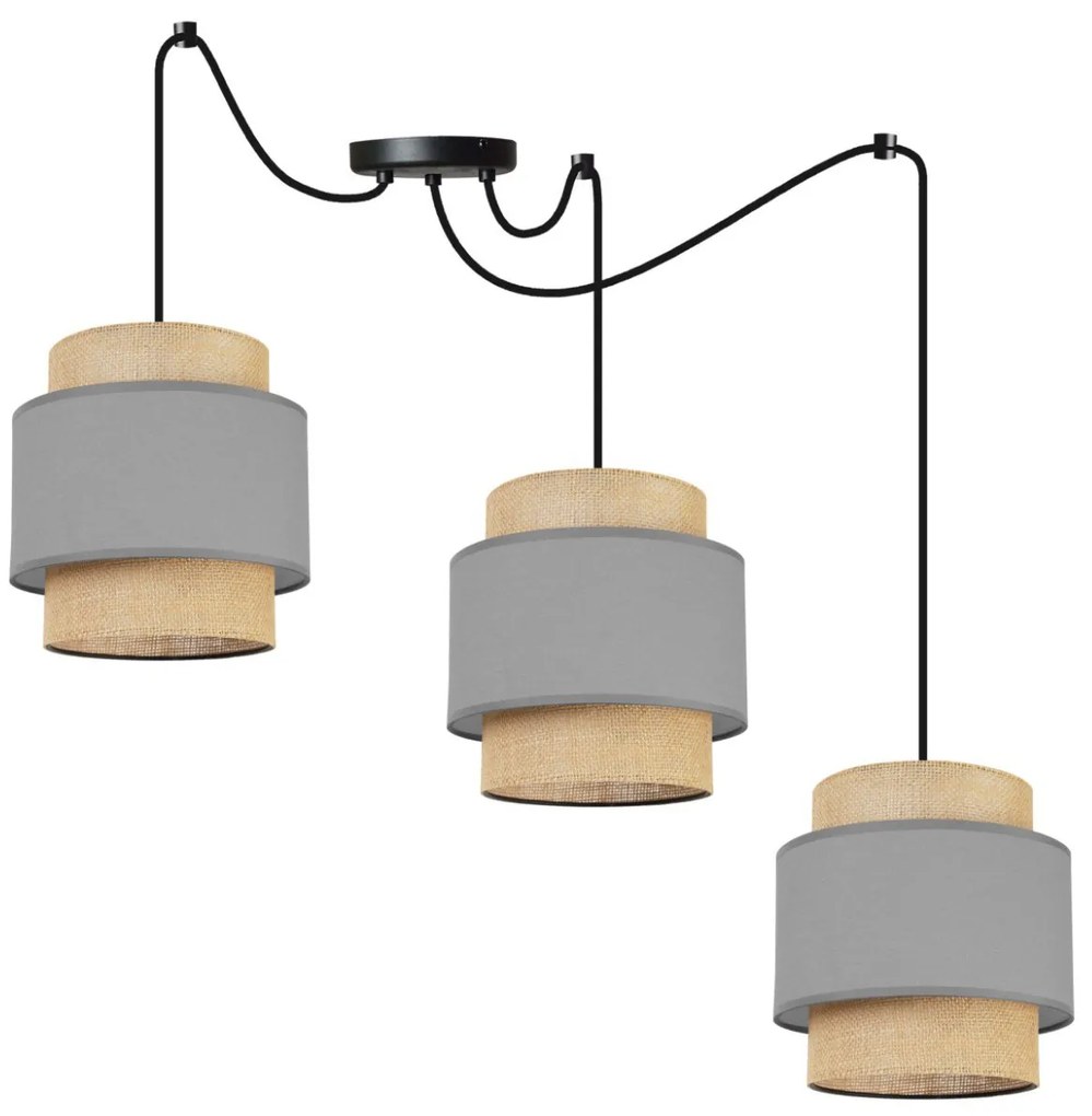 Závesné svietidlo Boho Spider, 3x jutové/sivé textilné tienidlo