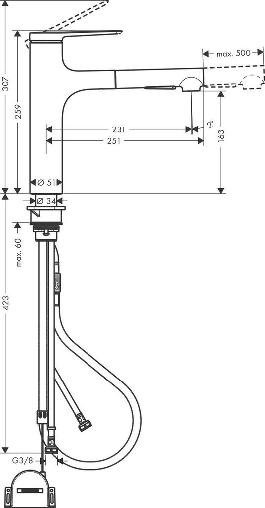 Hansgrohe Zesis M33, drezová batéria 150, s výsuvnou spŕškou, EcoSmart, chrómová, 74810000