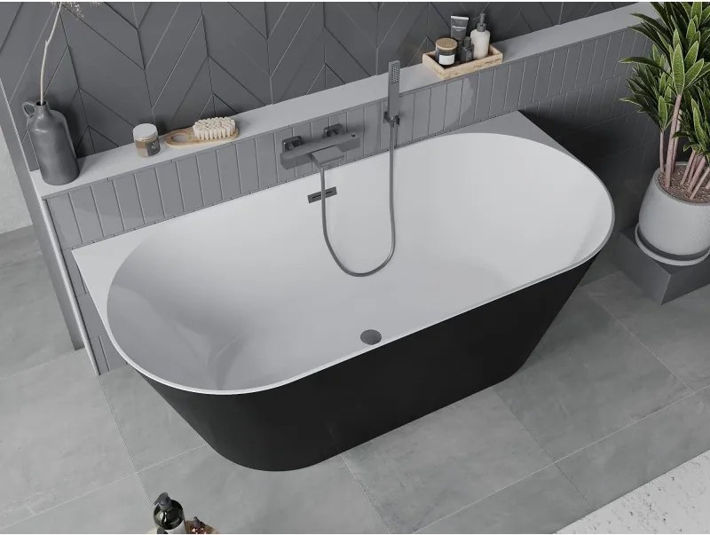 Mexen Oval Slim, voľne stojaca vaňa ku stene, 170 x 80 cm, biela-čierna, grafitový prepad, 52661708075-95