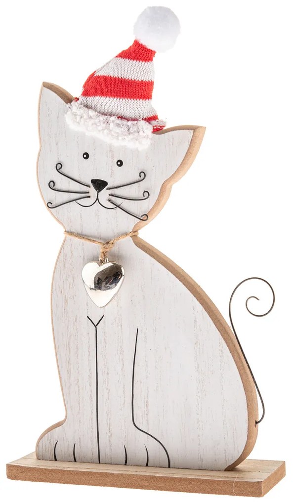 Drevená mačka so zvončekom a pletenou čiapkou, 29cm