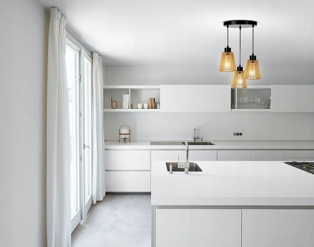 Drevená závesná stropná lampa, nástenná lampa, 3xE27, kovová do obývačky