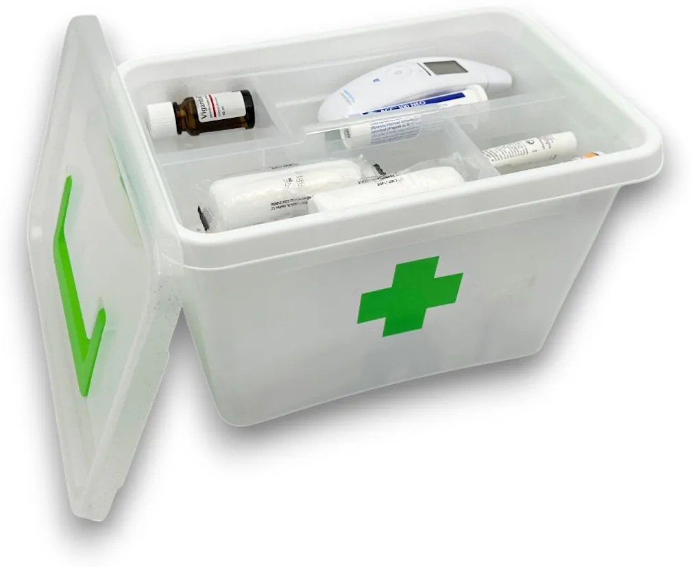 Lekárnička, úložný box na lieky s vnoreným organizérom, 2v1, s rúčkou, antibakteriálna, 6,5 l