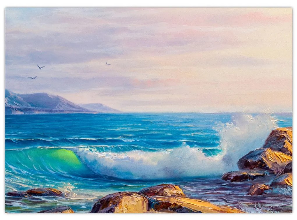 Obraz vĺn narážajúcich na útesy, olejomaľba (70x50 cm)