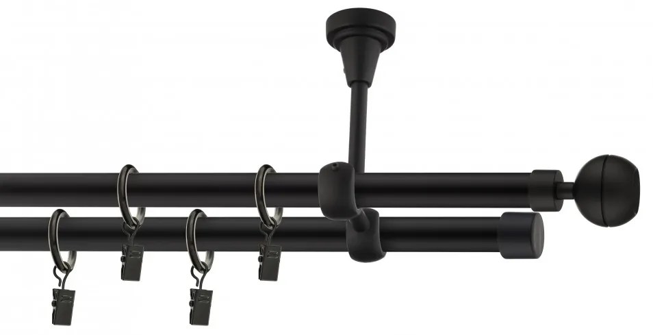 Dekorstudio Stropná dvojradová garniža guľa OPTIC čierna-matná 19mm Dĺžka: 360cm, Typ príslušenstva: Krúžky tiché so štipcami