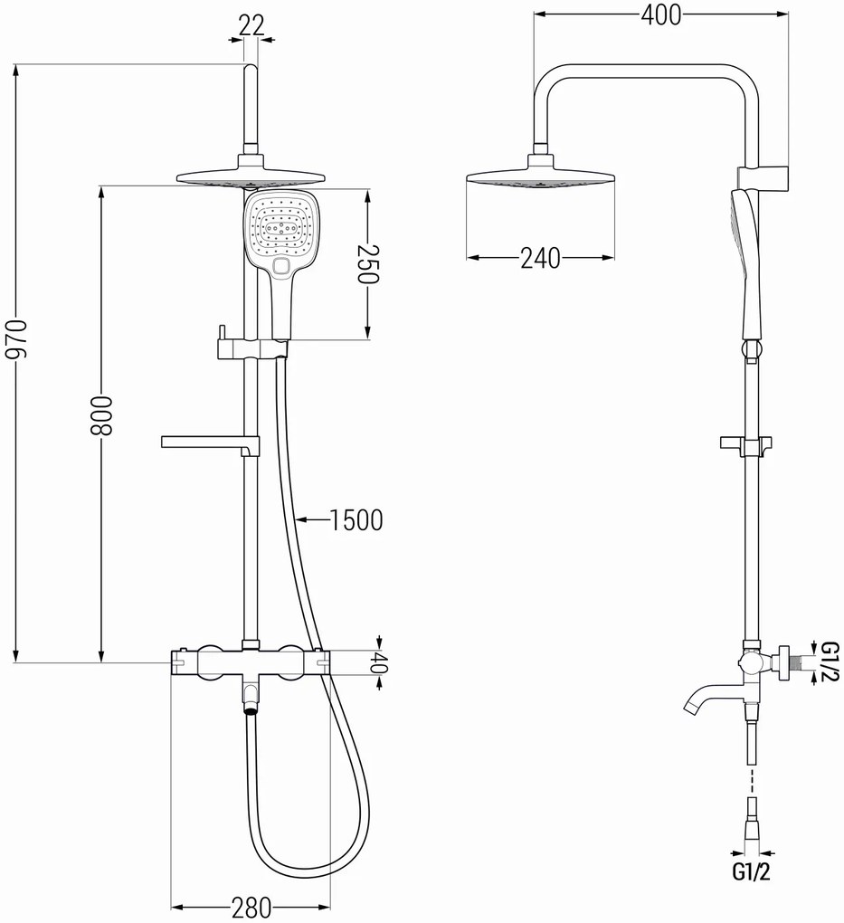 Mexen KX17 sprchový set s hornou hlavicou  25 cm, s termostatickou vaňovou batériou Kai, chrómová-biela, 779001791-02