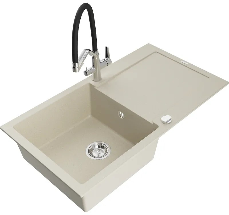 Mexen Leo, 1-komorový granitový drez 900x500x190 mm a drezová batéria Duo, béžová, 6501-69-671701-07
