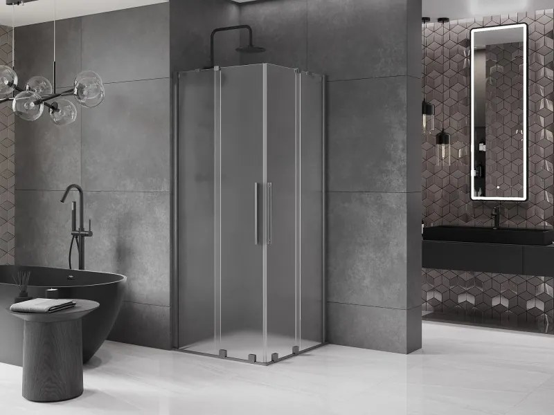 Mexen Velar Duo, sprchový kút s posuvnými dverami 90 x 90 cm, 8mm sklo námraza, grafit brúsený, 871-090-090-32-66