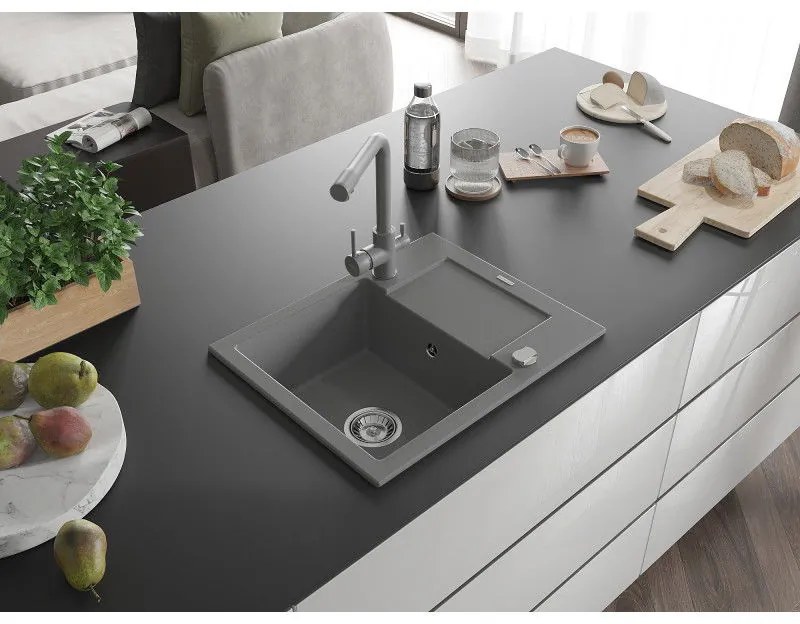 Mexen Enzo, granitový drez 576x465x174 mm, 1-komorový, šedá matná batéria Duero, šedá, 6506-71-671600-71