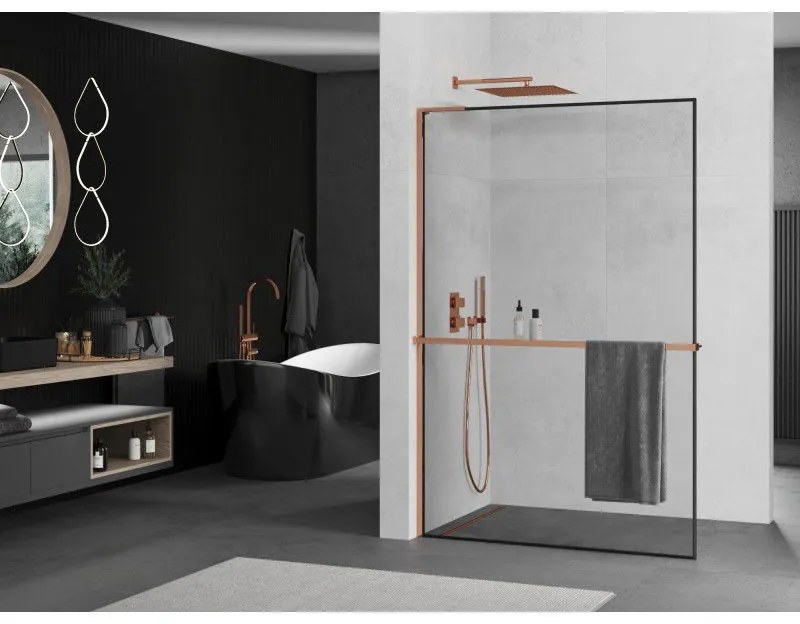 Mexen Kioto+ L, sprchová zástena Walk-In s poličkou a vešiakom 110 x 200 cm, 8mm číre sklo čierny vzor, ružové zlato profil, 800-110-123-60-70
