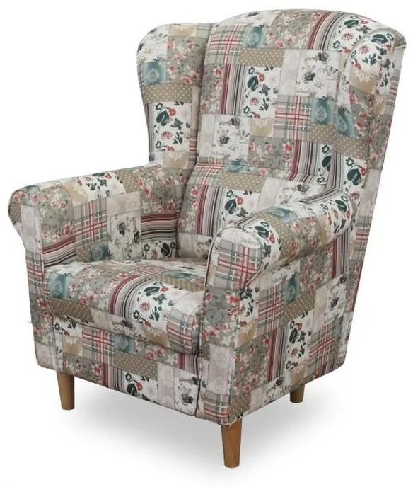 Kondela Kreslo, ušiak s taburetom, patchwork Viorica 1 látka, ASTRID