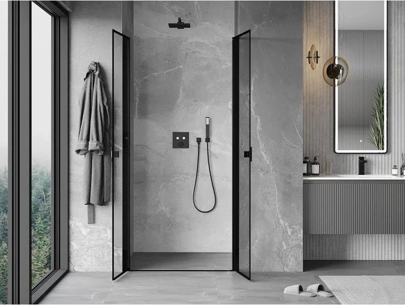 Mexen MIST, 2-krídlové sprchové dvere (d+d) 95x200 cm, 6mm číre sklo s čiernym vzorom, čierny profil, 8A7-095-000-70-70