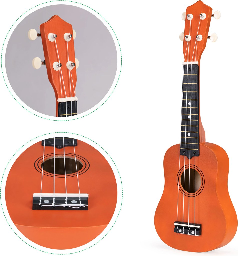 ECOTOYS detské drevené ukulele 4 nylonové struny, 12 pražcov, pre 3+ rokov