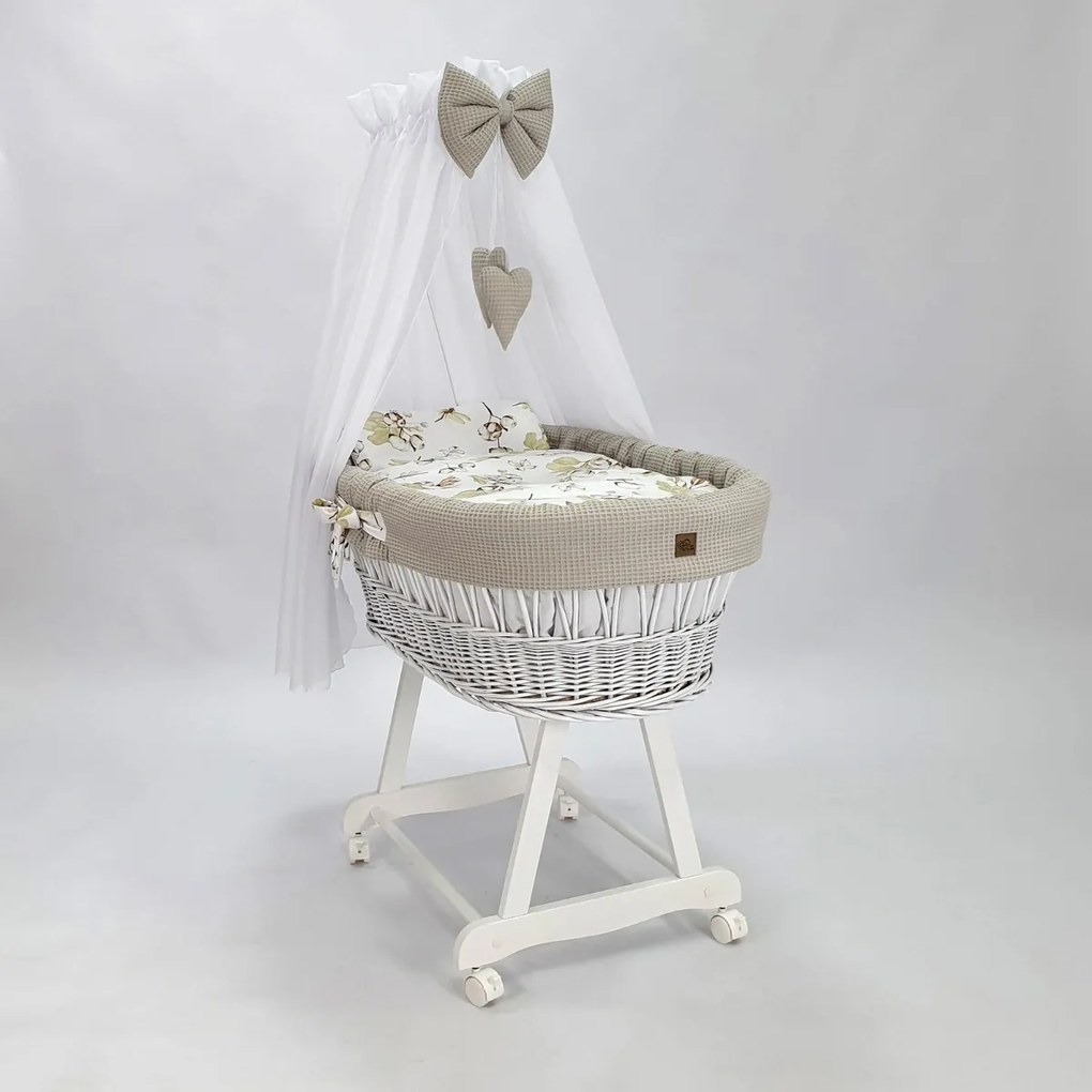 PRÚTENÁ POSTIEĽKA PRE BÁBÄTKO S BALDACHÝNOM BIELA + BÉŽOVÉ OBLIEČKY