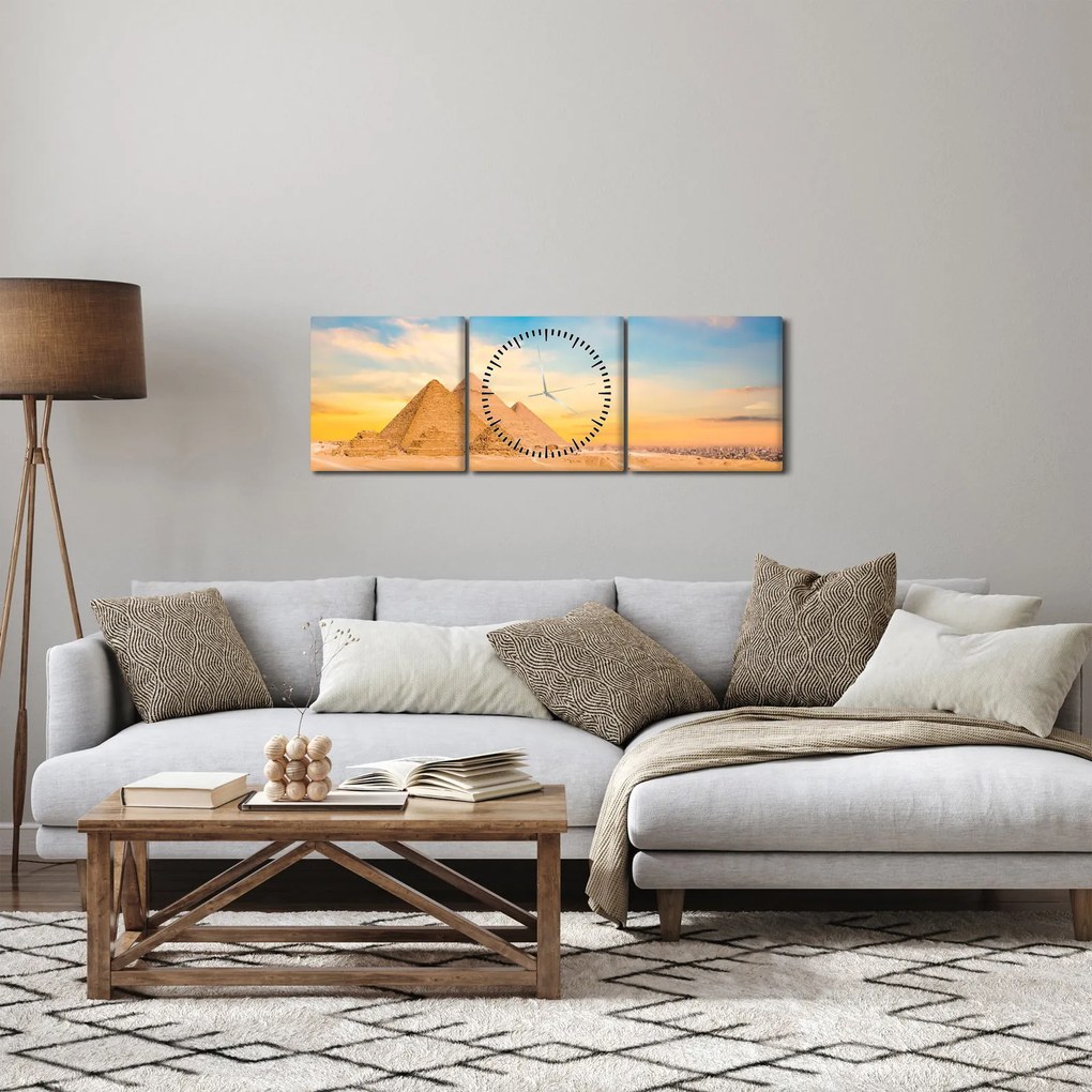 Obraz egyptských pyramíd (s hodinami) (90x30 cm)