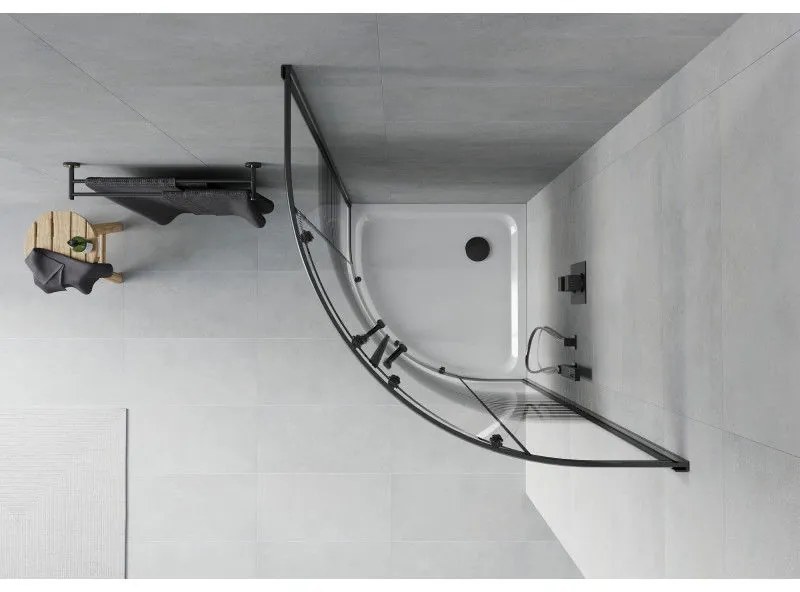 Mexen Rio, štvrťkruhový sprchovací kút s posuvnými dverami 80(dvere) x 80(dvere) x 190 cm, 6mm číre sklo s pásikmi, čierny profil + biela sprchová vanička SLIM, 863-080-080-70-20-4110B