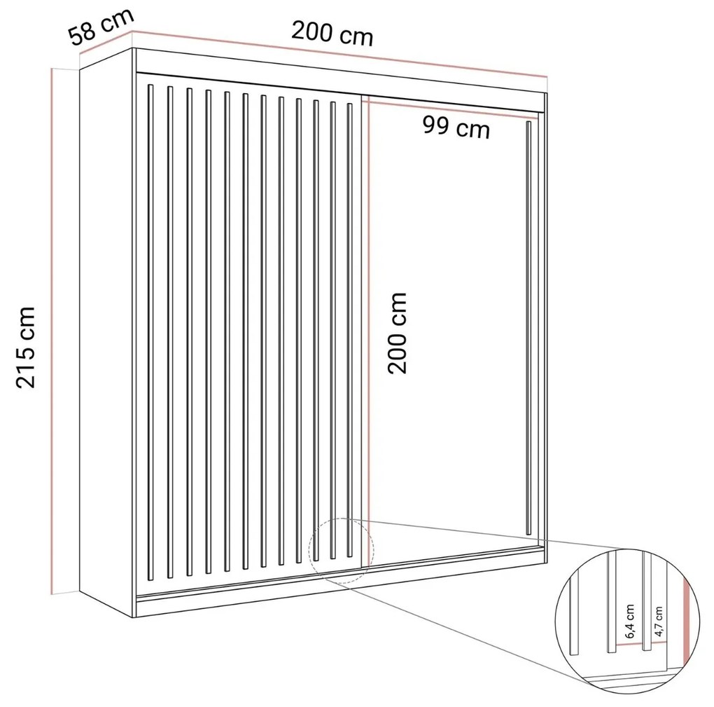 ŠATNÍKOVÁ SKRIŇA S POSUVNÝMI DVERAMI CYNTIA BIELA + ZLATÉ LIŠTY 200 cm
