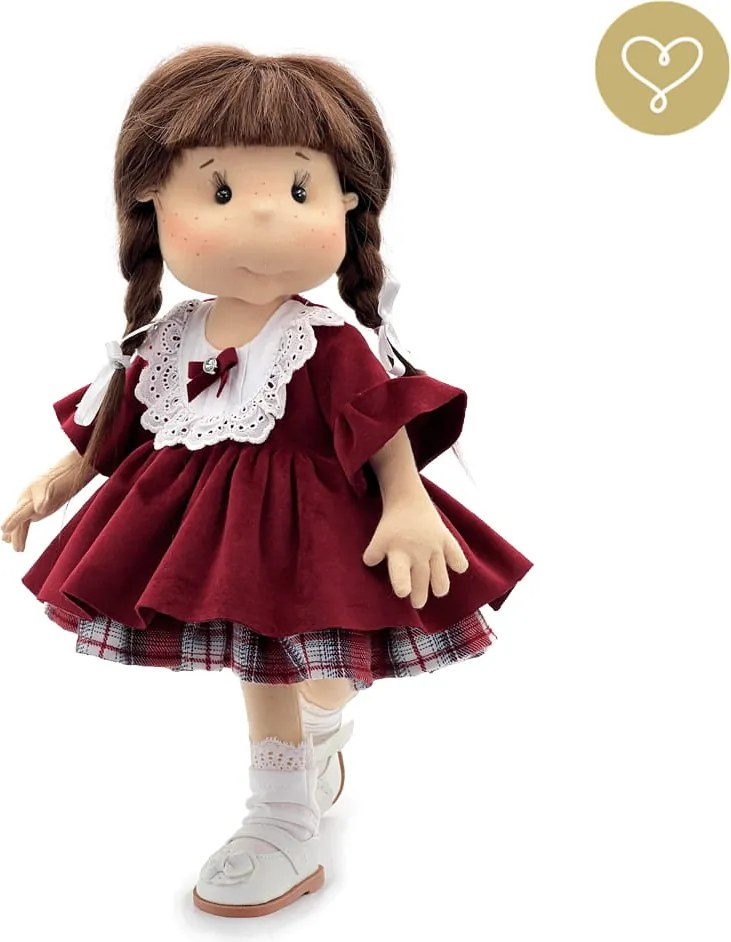 Bordové zamatové šaty pre bábiku – volánikové rukávy a čipkované detaily