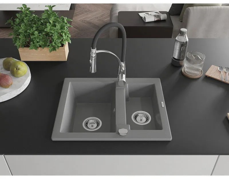 Mexen Carlos, 1,5-komorový granitový drez 582x475x177 mm a drezová batéria Aster, šedá, 6518-71-73450-07