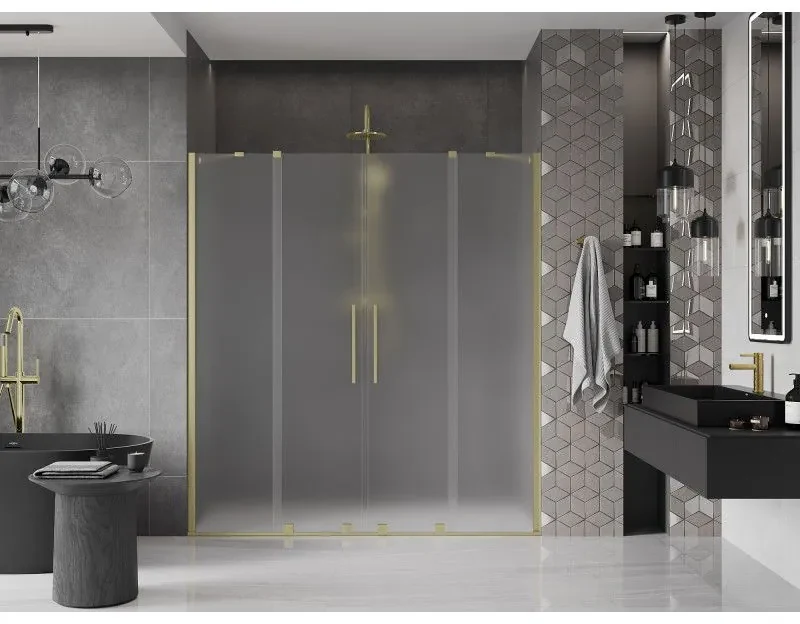 Mexen Velar Duo, posuvné sprchové dvere do otvoru 180 cm, 8mm sklo námraza, zlatá matná, 871-180-000-32-55