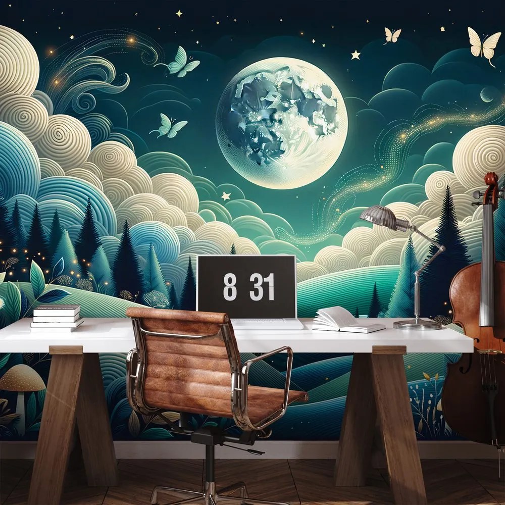 Tapeta nočná rozprávková krajina a lietajúce motýle