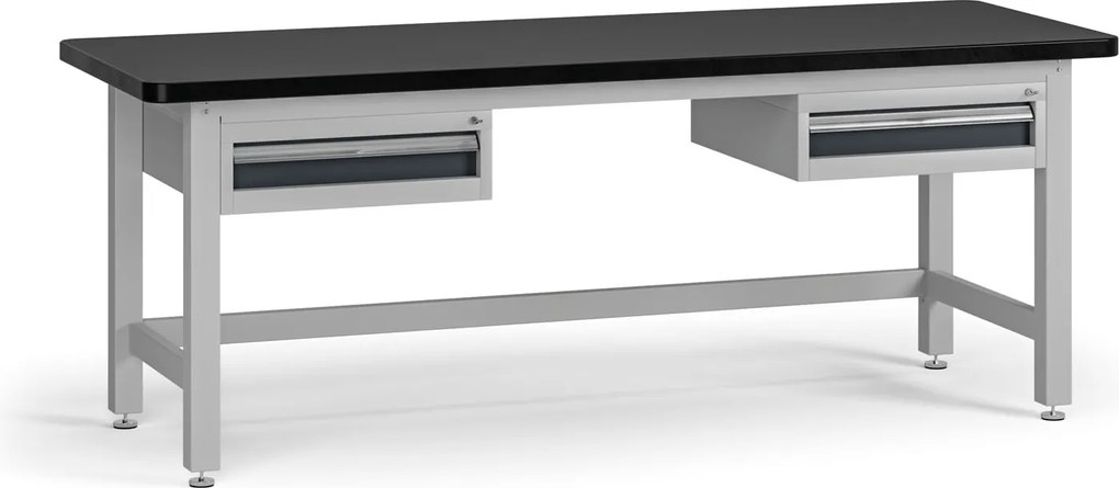 Pracovný stôl do dielne G4 s 2 závesnými boxami na náradie, MDF + PVC doska, 2 zásuvky, 2100 x 750 x 800 mm, grafit