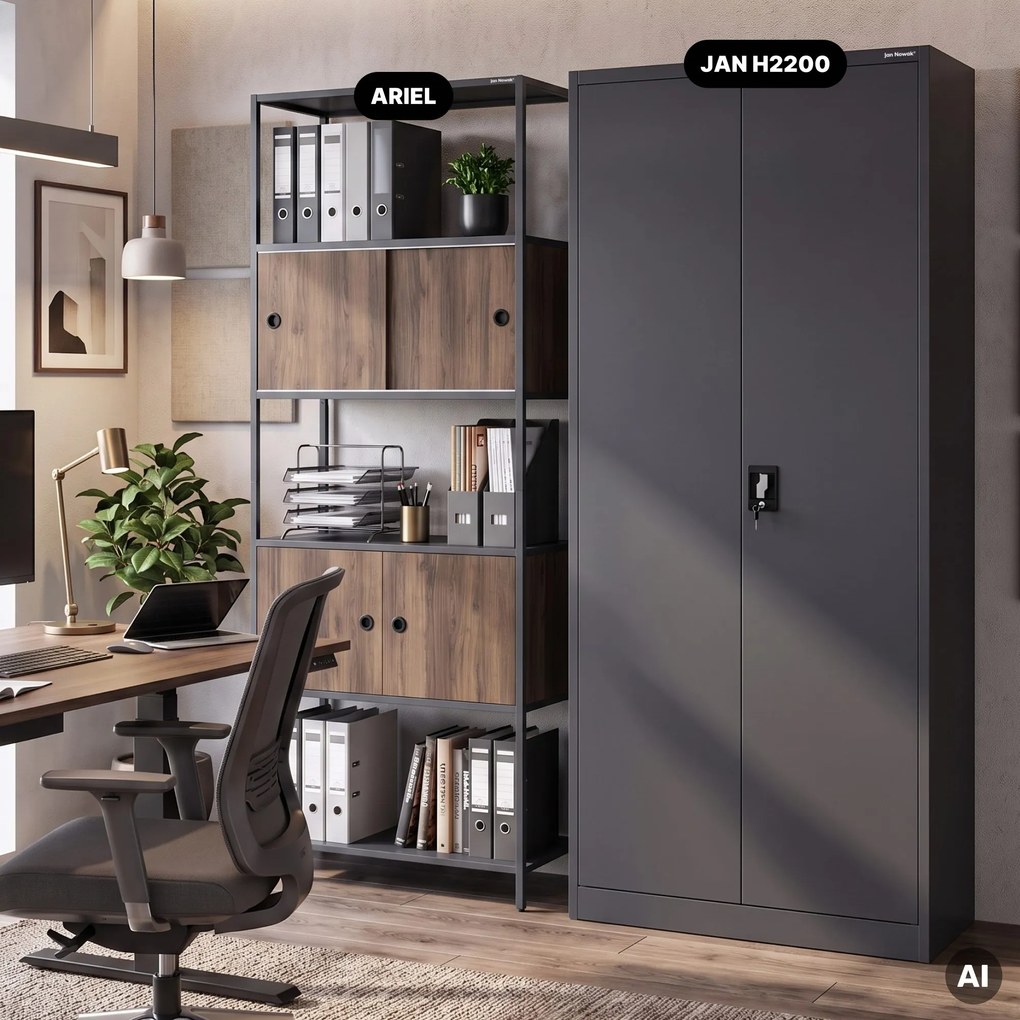 Regál na šanóny s uzamykateľnou skrinkou, kancelársky, otvorené police, kovový antracitový/orech, 800x2200x400 mm: ARIEL Eco Design