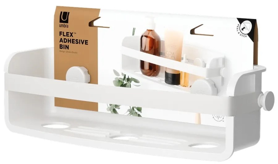 Biela samodržiaca kúpeľňová polička z recyklovaného plastu Flex Adhesive – Umbra
