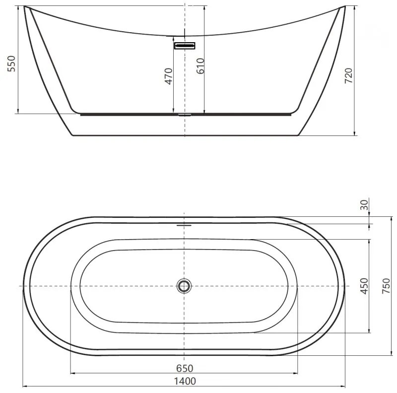 Mexen Lotos, voľne stojaca vaňa 140 x 75 cm, biela/čierna, prepad brúsený grafit, 52051407775-66